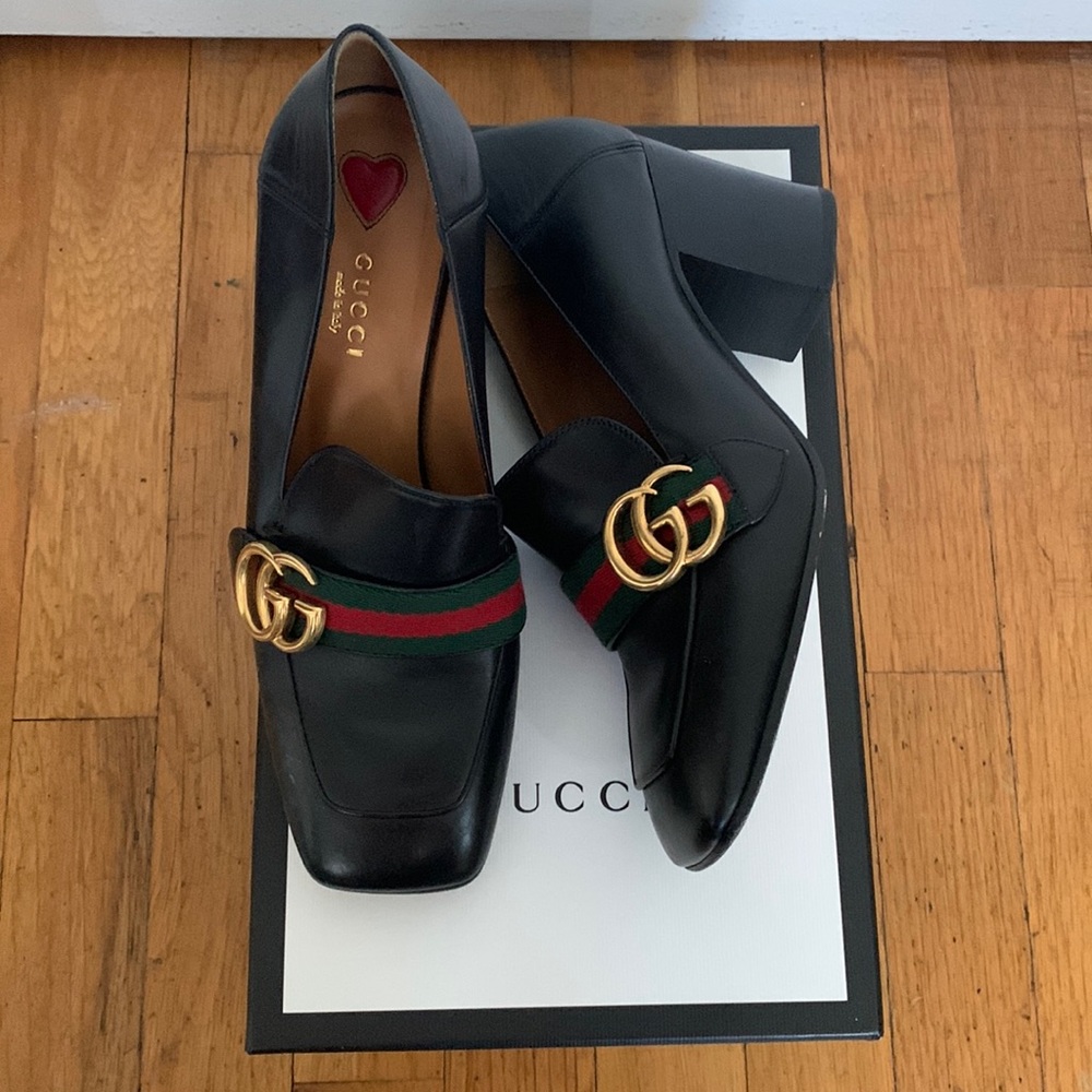 Gucci block heel loafers ‘Betis Glamour’ leather blk size 37.5 US 7.5